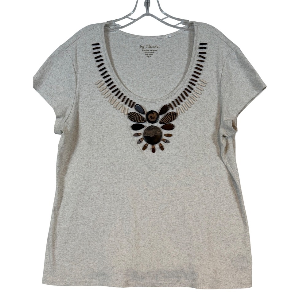 Chico's‎ Womens Size 3 Oatmeal Heather Beaded Neckline Short Sleeve Tee Grandma
